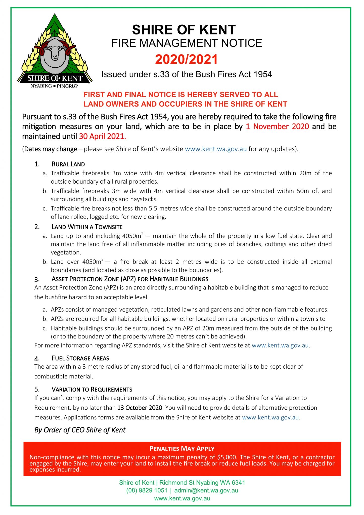 Fire Management Notice & Permit Issuing Officers Shire of Kent